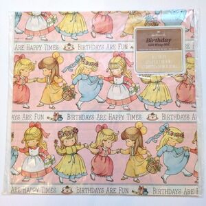 Vintage 70s Hallmark Joan Walsh Anglund "Birthdays Are Fun" Wrapping Paper Pink